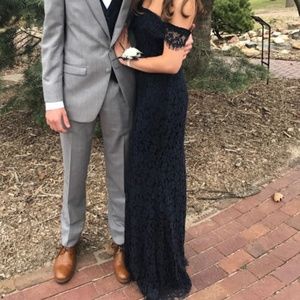 Navy Lace Off the Shoulder Prom Dress- Lulus